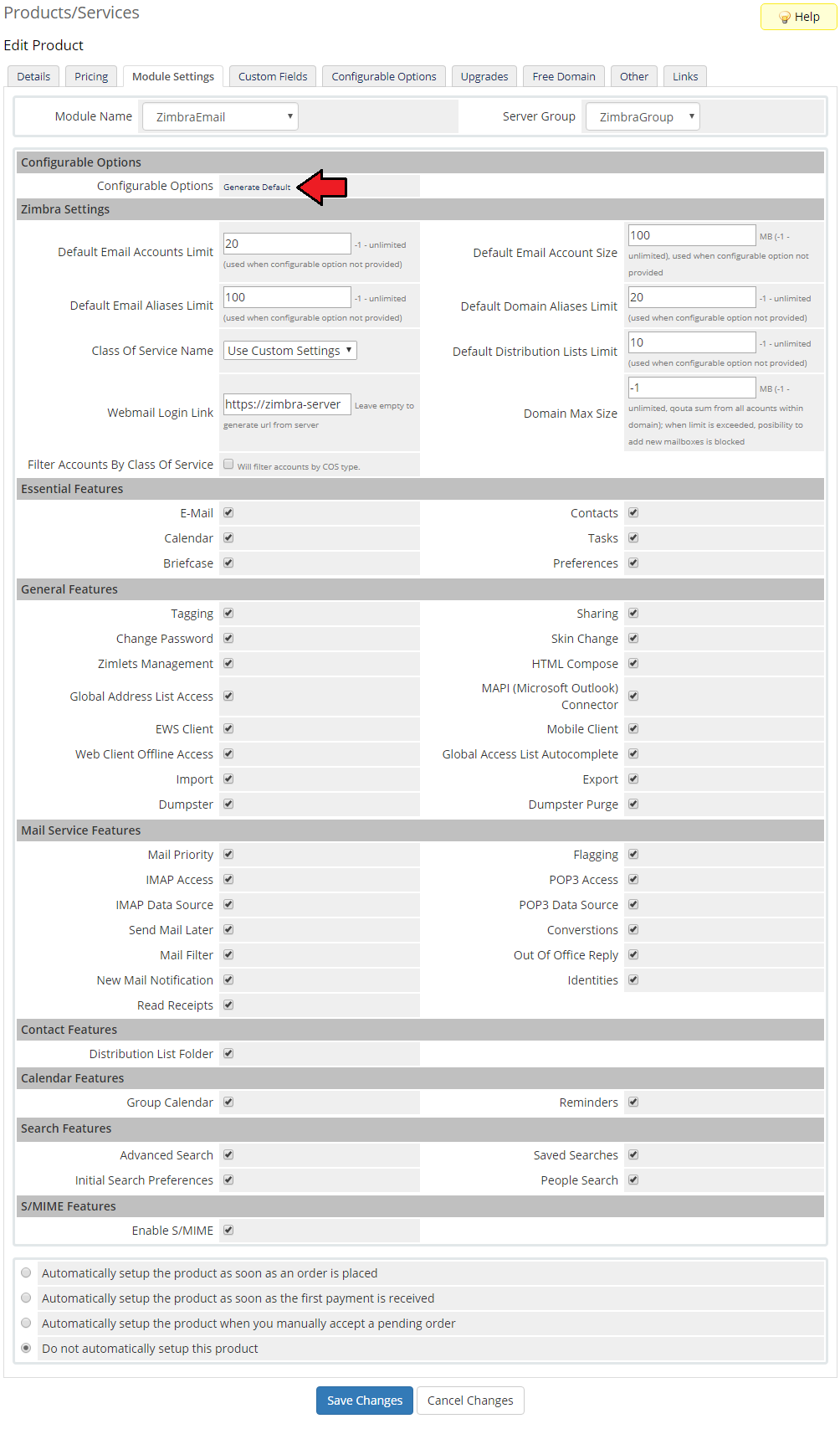 Zimbra Email 1.X For WHMCS: product Module Settings with the Generate Default button for Configurable Options