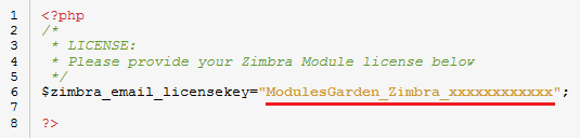 Zimbra Email 1.X For WHMCS: license.php file with the license key entered between quotation marks