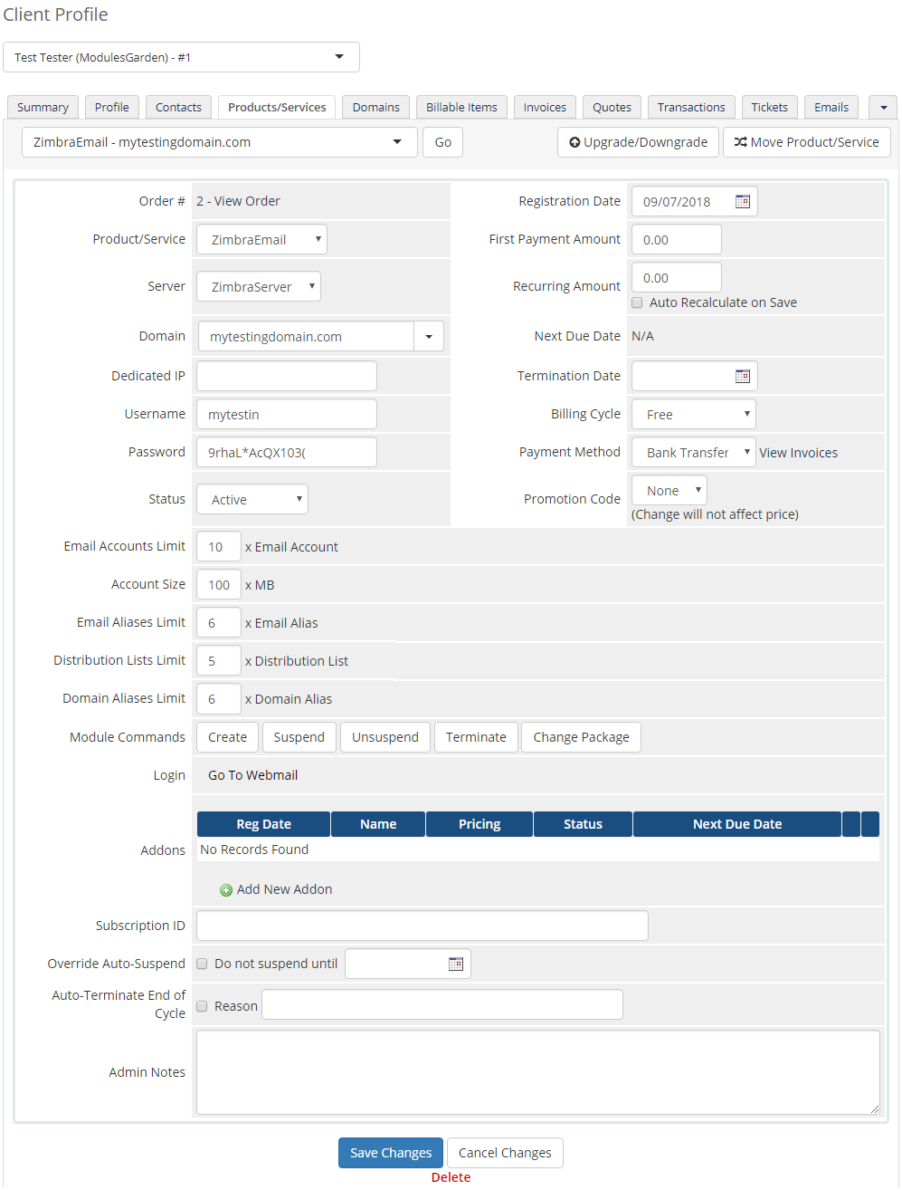 Zimbra Email 1.X For WHMCS: fully configured Zimbra Email product Module Settings page in the WHMCS admin area
