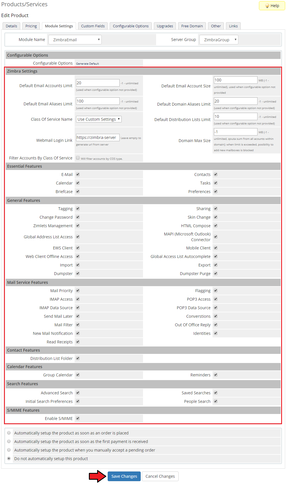Zimbra Email 1.X For WHMCS: product Module Settings with Zimbra settings and features selected and Save Changes