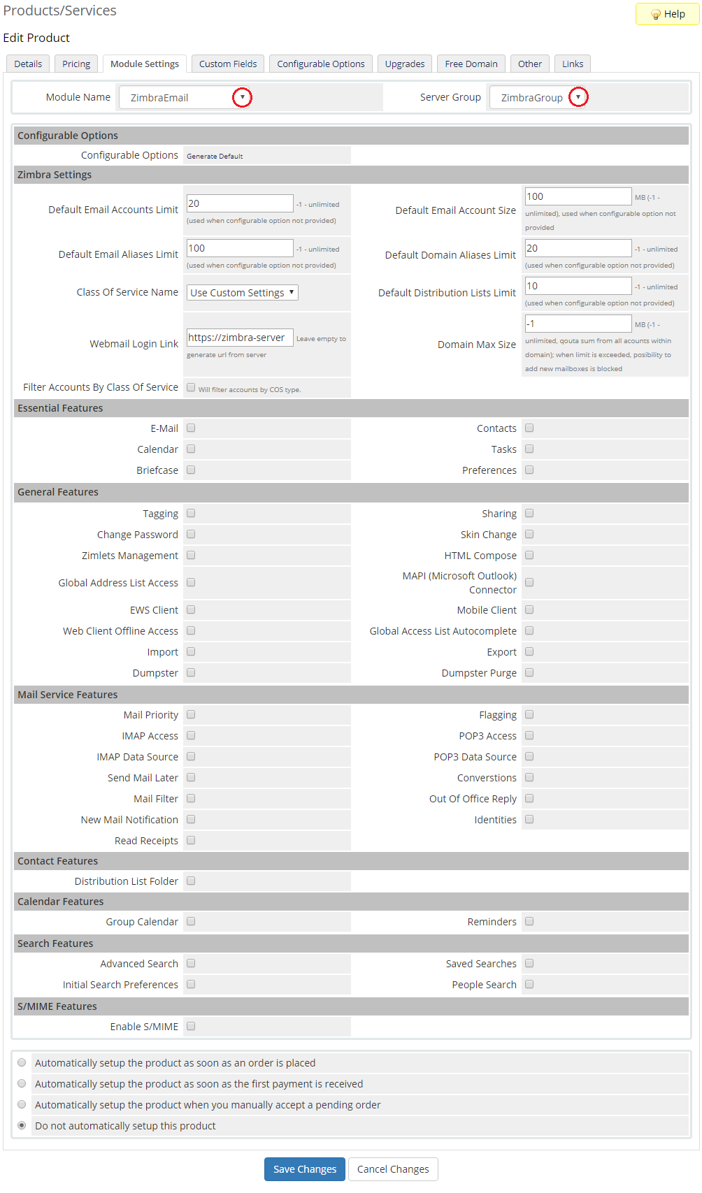 Zimbra Email 1.X For WHMCS: product Module Settings tab with ZimbraEmail module and ZimbraGroup server group chosen