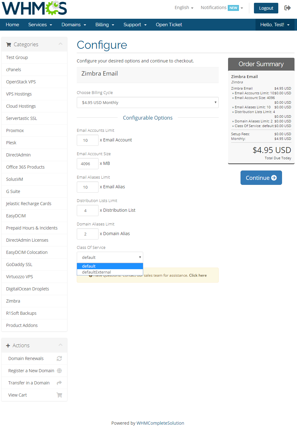 Zimbra Email 1.X For WHMCS: WHMCS order form with configurable options and the Class Of Service dropdown