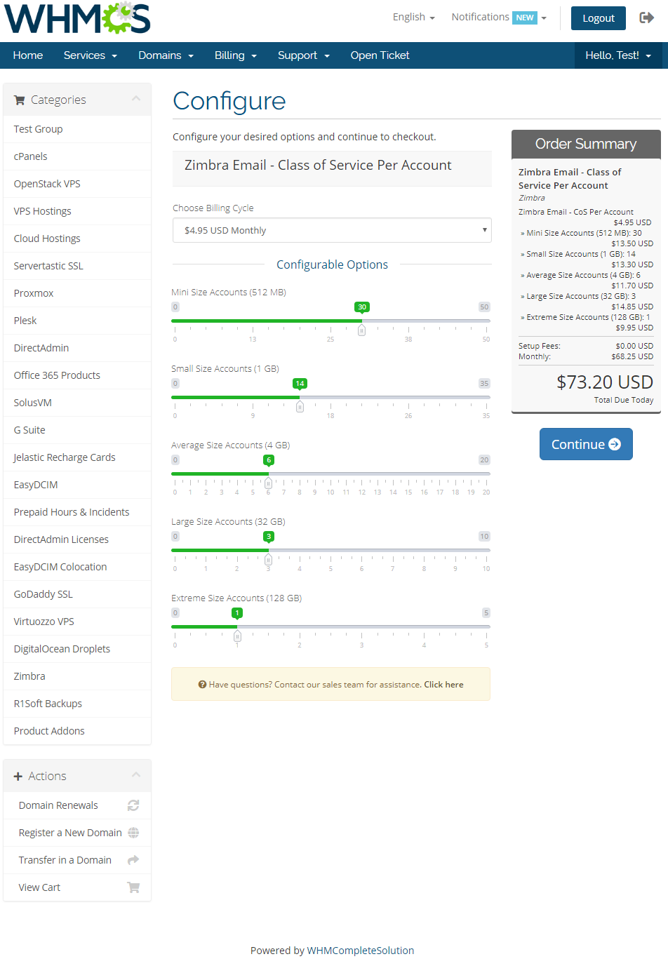 Zimbra Email 1.X For WHMCS: WHMCS order form with quota sliders for Class Of Service Per Account