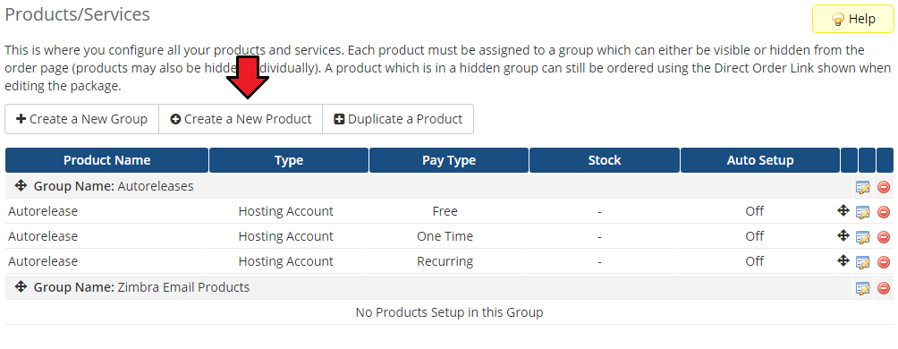 Zimbra Email 1.X For WHMCS: WHMCS Products/Services list with the Create a New Product button highlighted