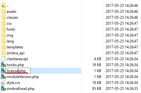 Zimbra Email 1.X For WHMCS: server file list with licenseRENAME.php being renamed to license.php