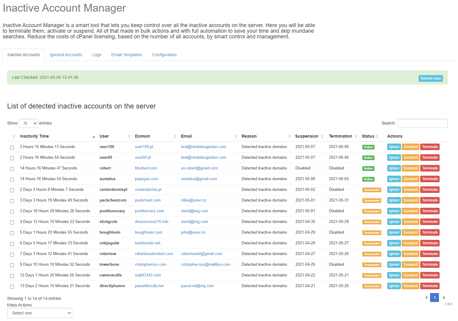 Inactive Account Manager For cPanel: Extension Screenshot 1