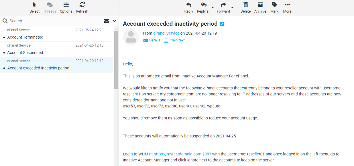 Inactive Account Manager For cPanel: Extension Screenshot 6