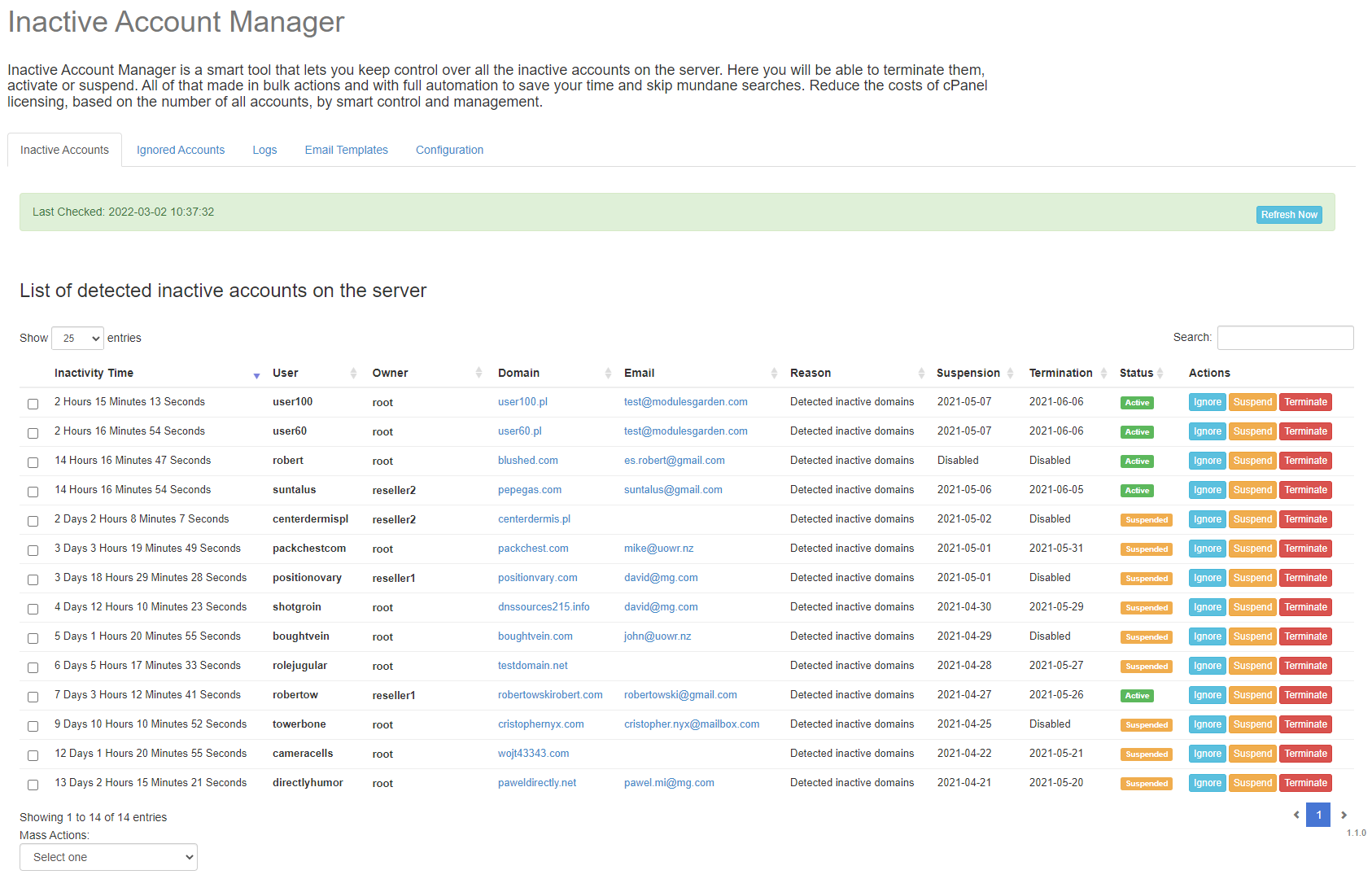 Inactive Account Manager For cPanel: Extension Screenshot 1