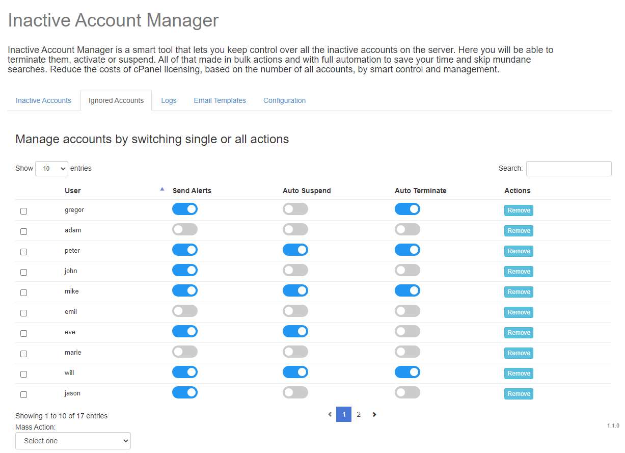Inactive Account Manager For cPanel: Extension Screenshot 2