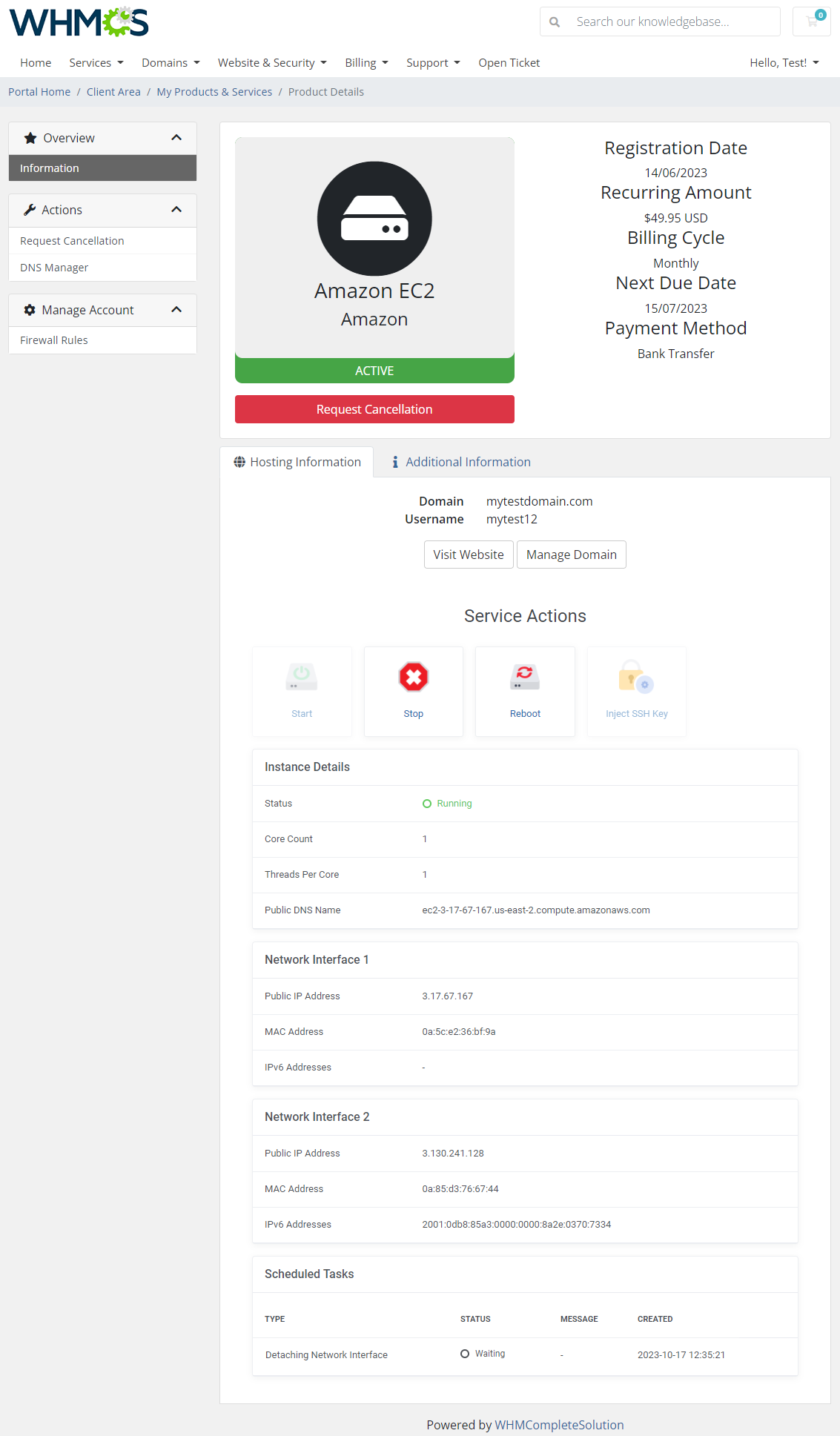 Amazon EC2 For WHMCS: Module Screenshot 1