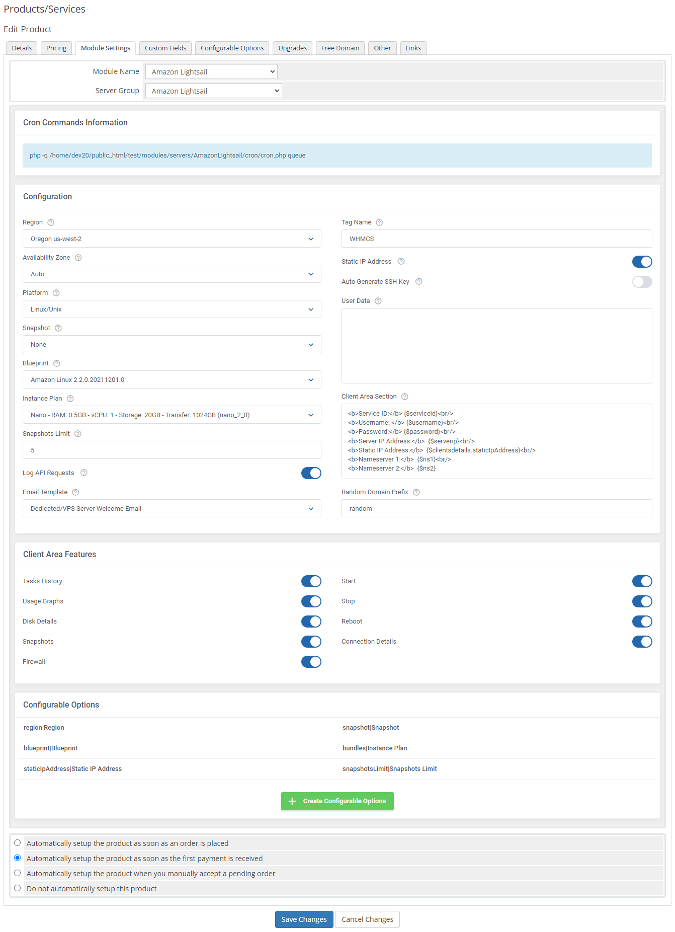 Amazon Lightsail For WHMCS: Module Screenshot 10