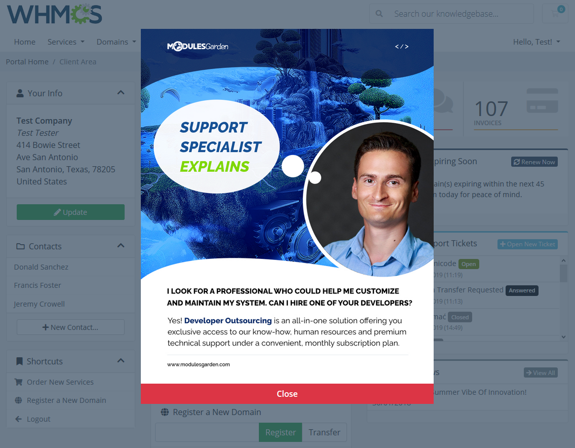 Client Area Popup For WHMCS: Module Screenshot 1