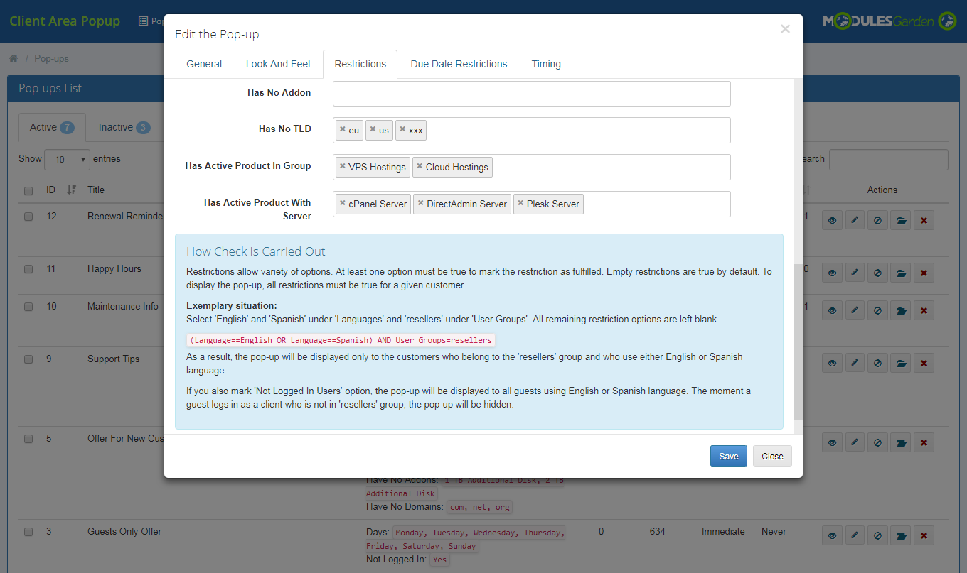 Client Area Popup For WHMCS: Module Screenshot 10