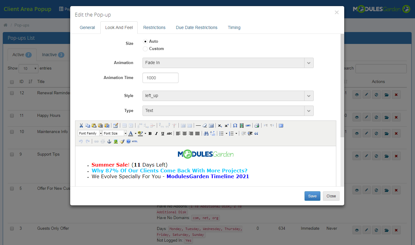 Client Area Popup For WHMCS: Module Screenshot 8
