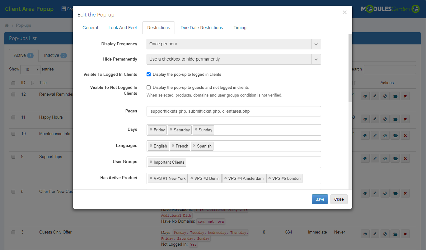 Client Area Popup For WHMCS: Module Screenshot 9