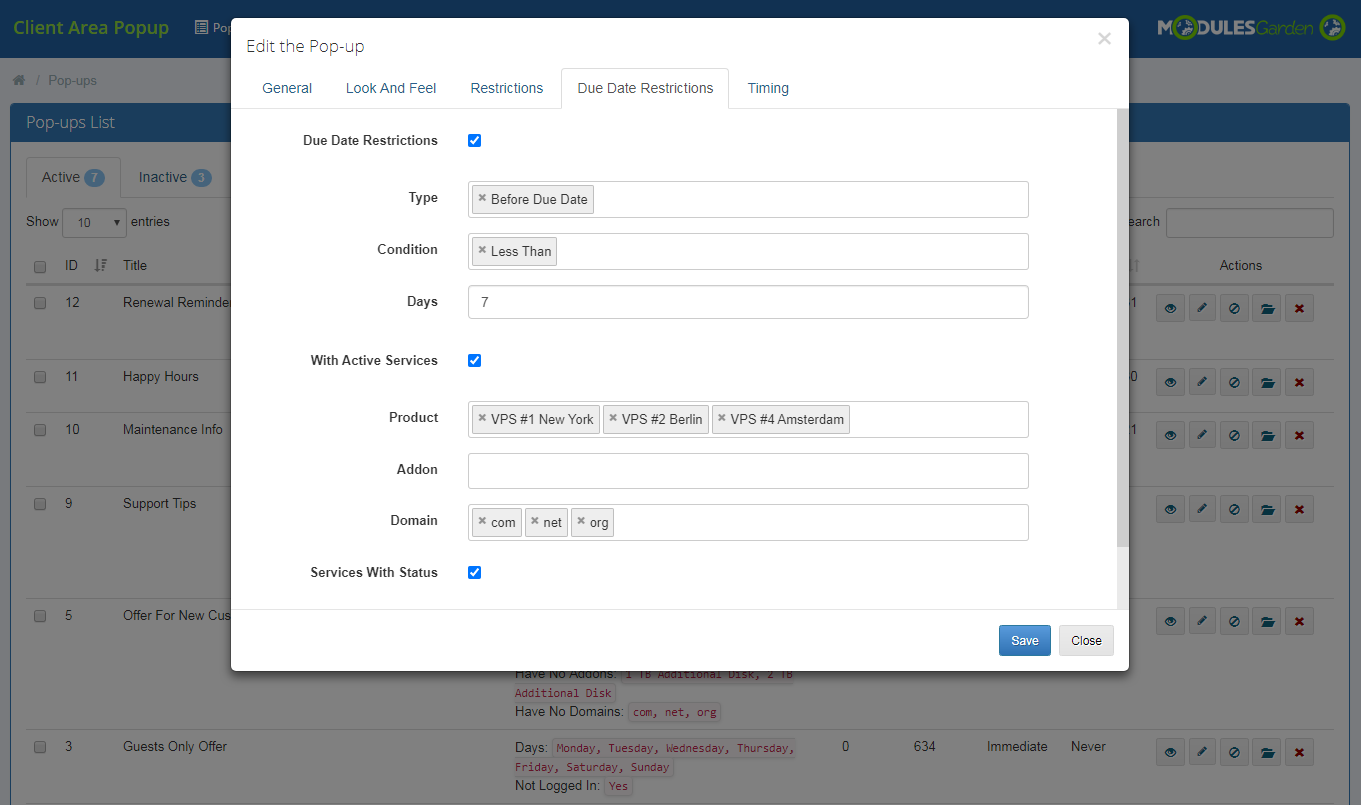 Client Area Popup For WHMCS: Module Screenshot 11