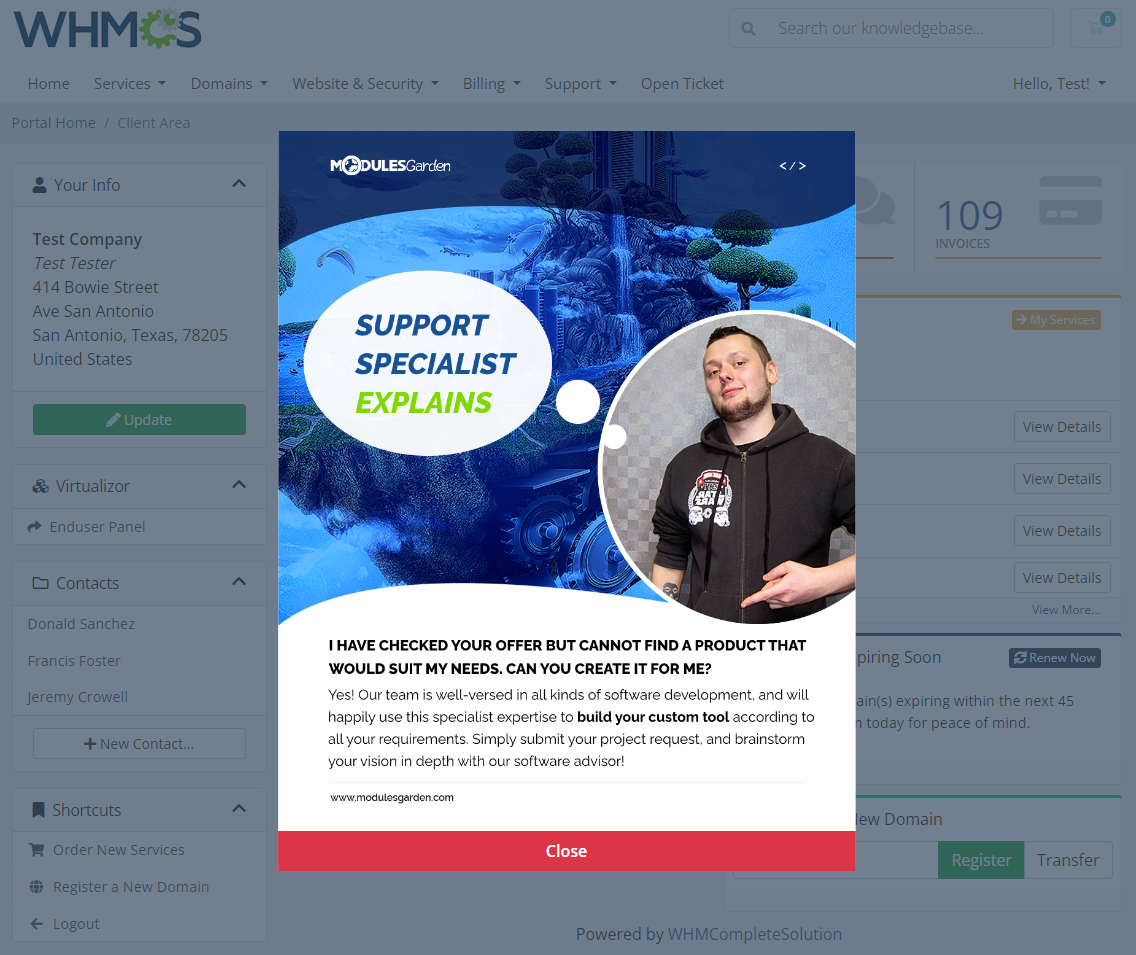 Client Area Popup For WHMCS: Module Screenshot 1