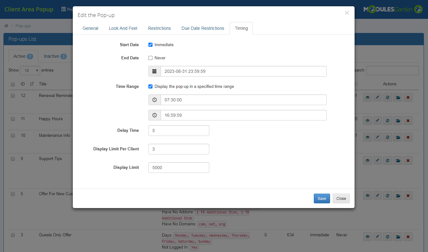 Client Area Popup For WHMCS: Module Screenshot 12