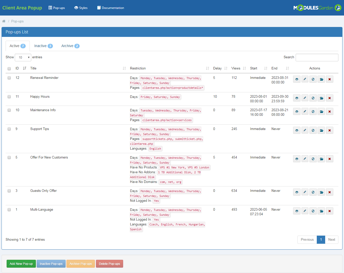 Client Area Popup For WHMCS: Module Screenshot 5