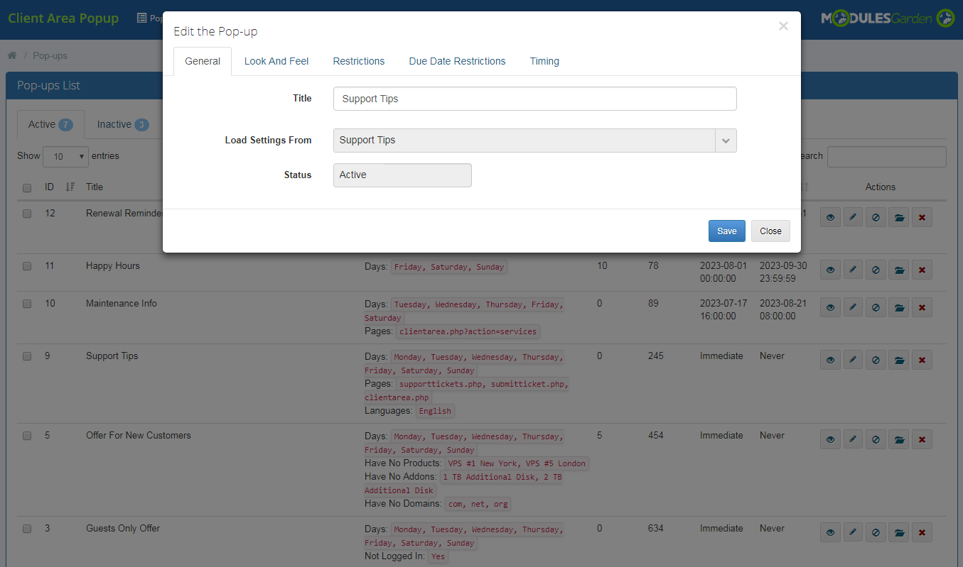Client Area Popup For WHMCS: Module Screenshot 6
