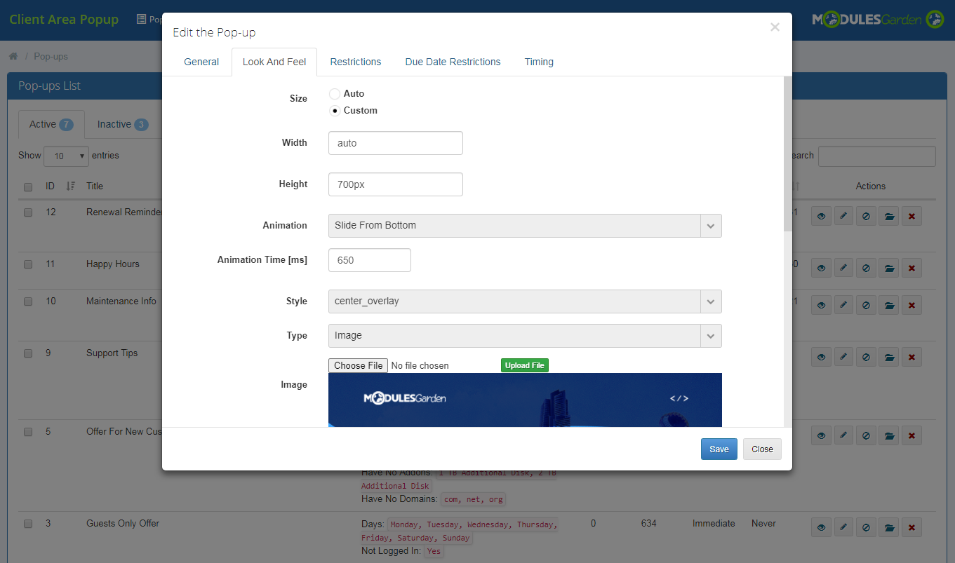 Client Area Popup For WHMCS: Module Screenshot 7
