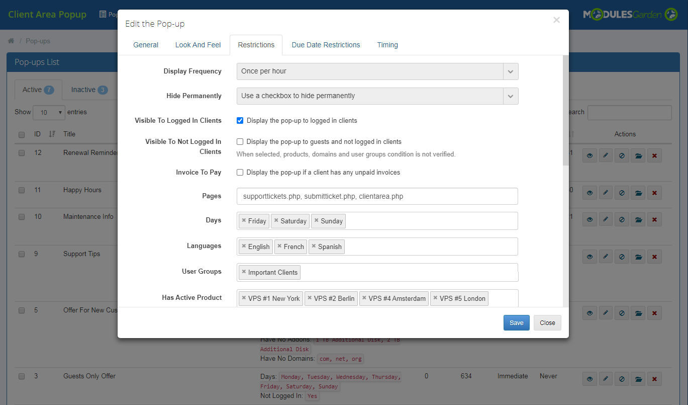 Client Area Popup For WHMCS: Module Screenshot 9