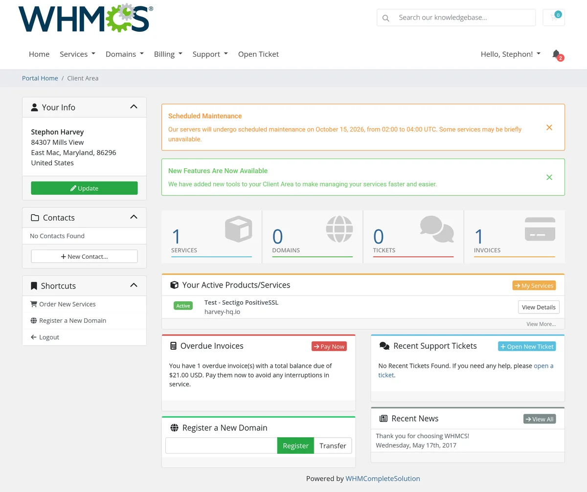 Client Notifications For WHMCS – Client Area displaying scheduled maintenance and new feature announcement alerts