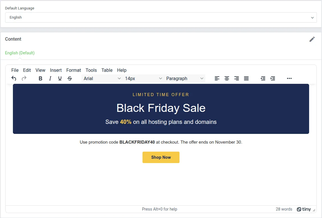 Client Notifications For WHMCS – HTML editor displaying a custom Black Friday promotional popup design