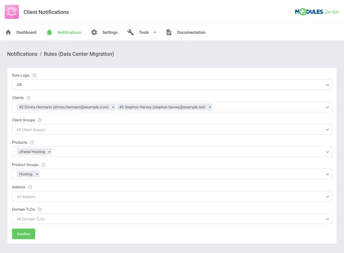 Client Notifications For WHMCS – Message targeting rules based on clients, products, product groups, addons, and domain TLDs