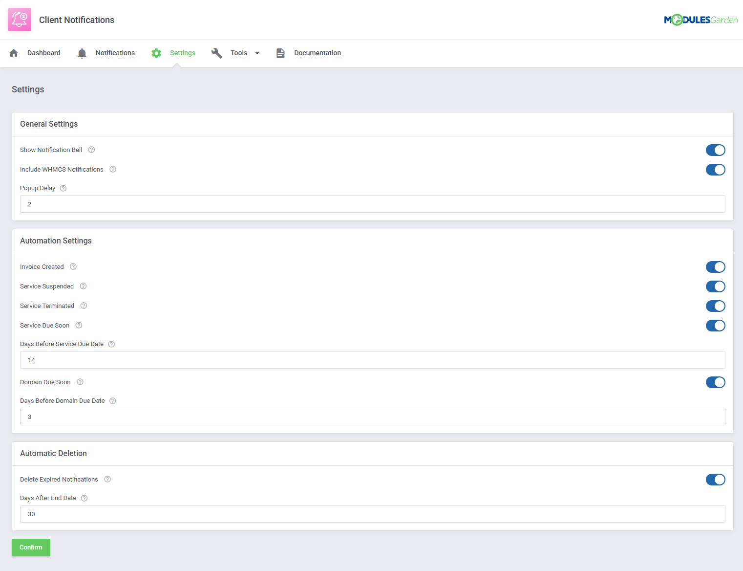 Client Notifications For WHMCS – General settings, automated WHMCS event notifications, and expired message deletion