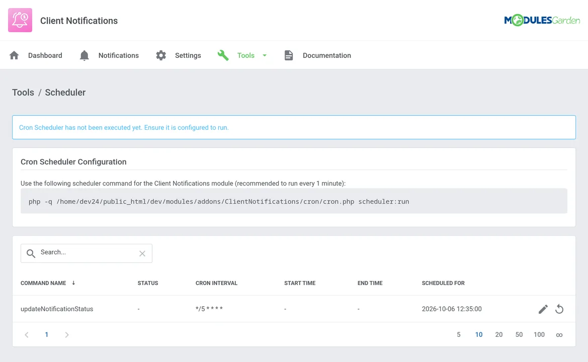 Client Notifications For WHMCS – Scheduler configuration for automated notification status updates