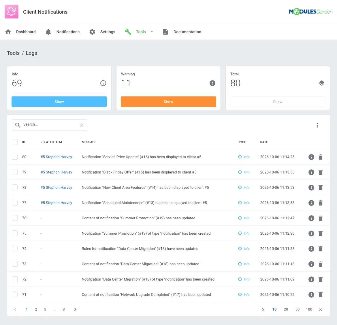 Client Notifications For WHMCS – Module logs showing notification activity, message changes, and display history