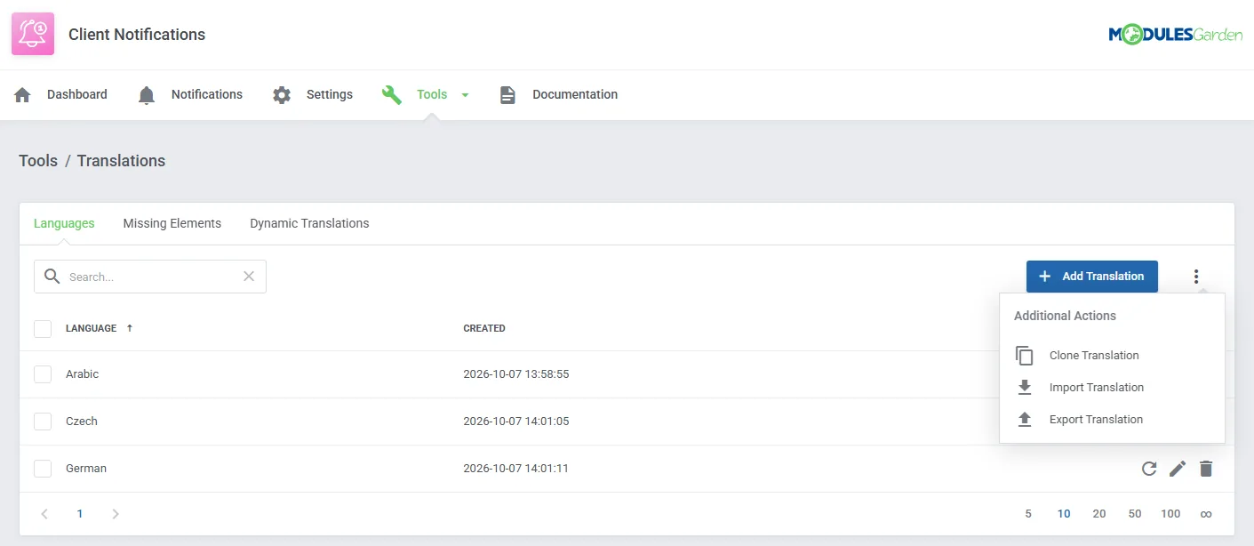 Client Notifications For WHMCS – Translations tool for managing, importing, and exporting module languages