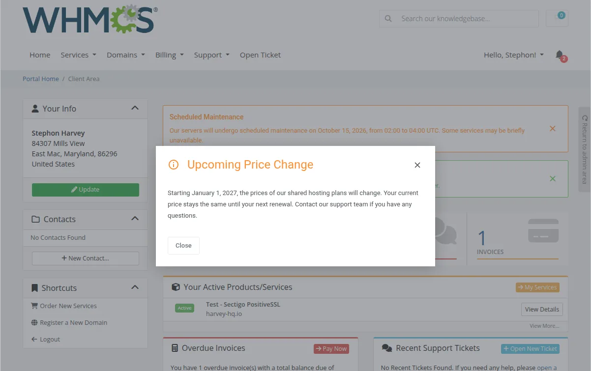Client Notifications For WHMCS – Client Area popup announcing upcoming hosting price changes