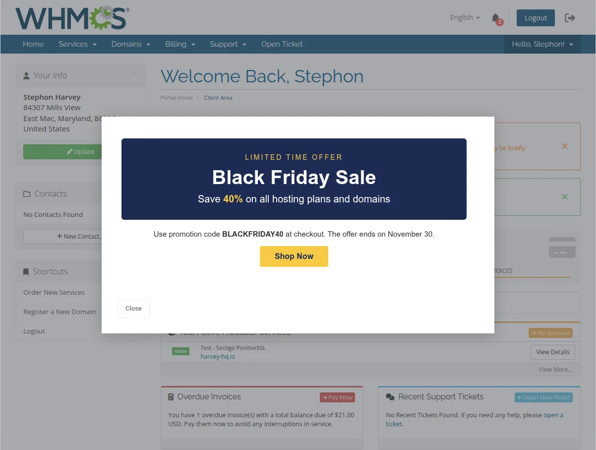 Client Notifications For WHMCS – Custom HTML popup displaying a Black Friday promotion with discount and call-to-action button