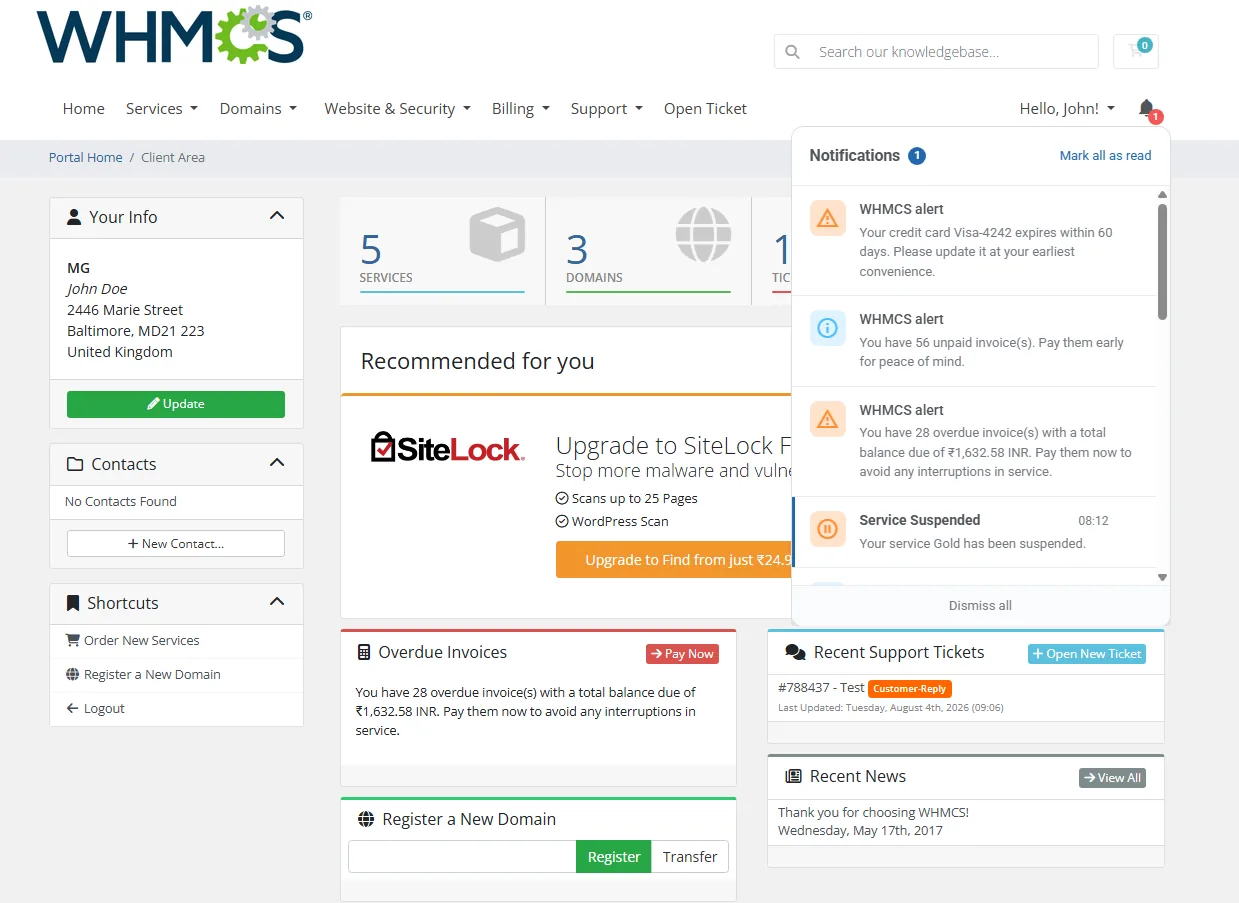 Client Notifications For WHMCS – Client Area notification bell displaying account alerts, service updates, and unread messages