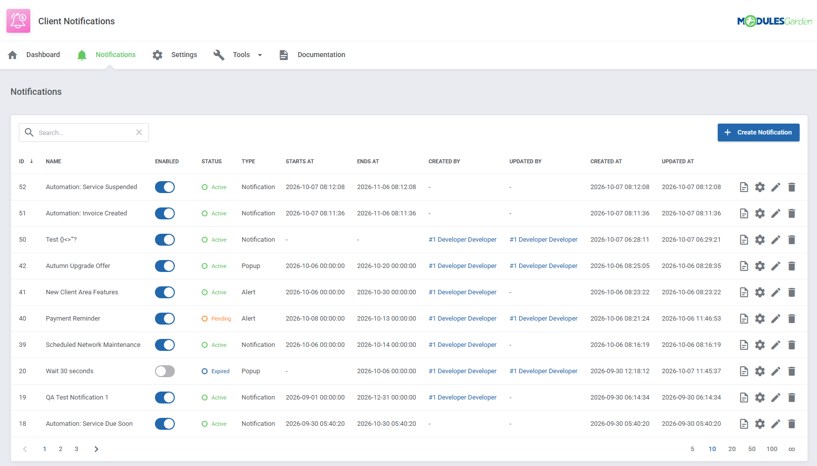 Client Notifications For WHMCS – Admin Area list of alerts, popups, and notifications with scheduling and status controls