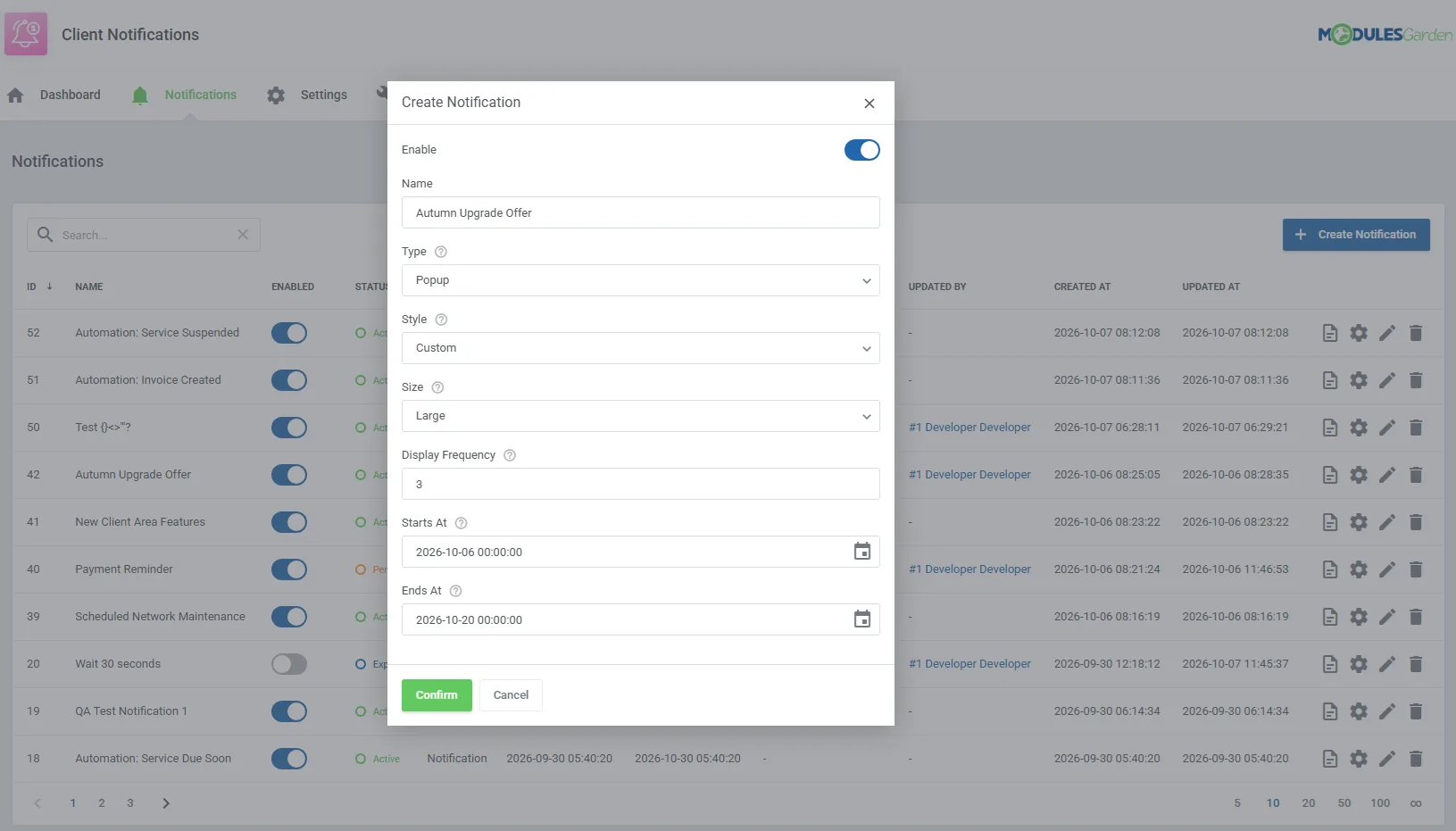 Client Notifications For WHMCS – Create popup form with custom styling, display size, frequency, and scheduling options