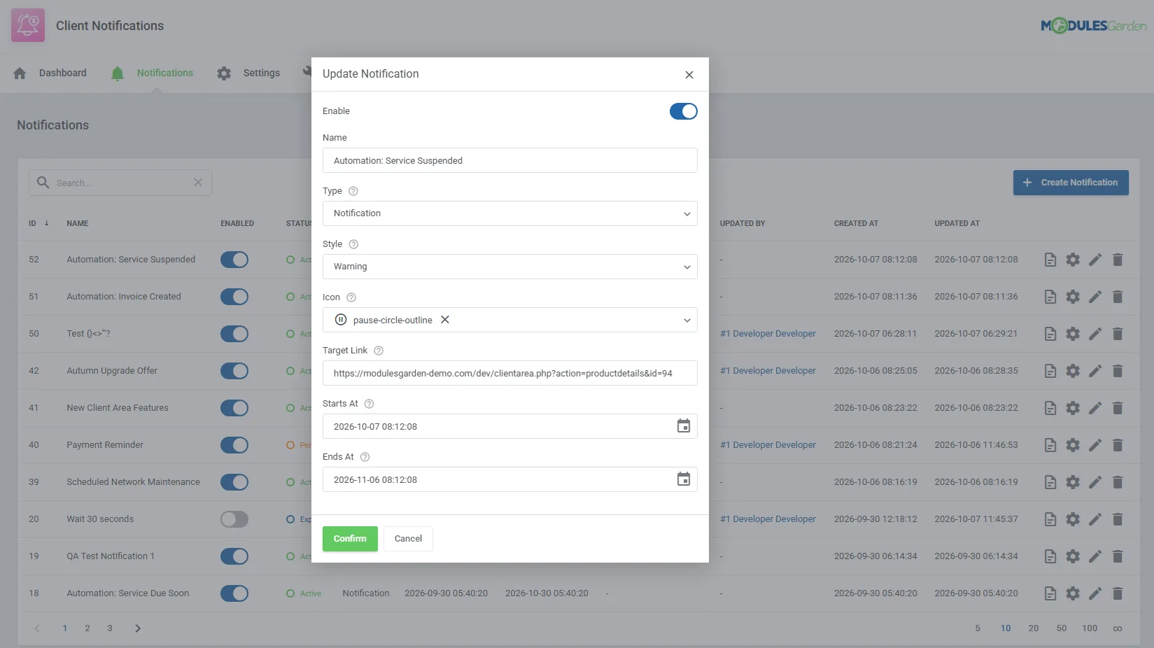 Client Notifications For WHMCS – Edit automated service suspension notification with warning style, icon, and target link