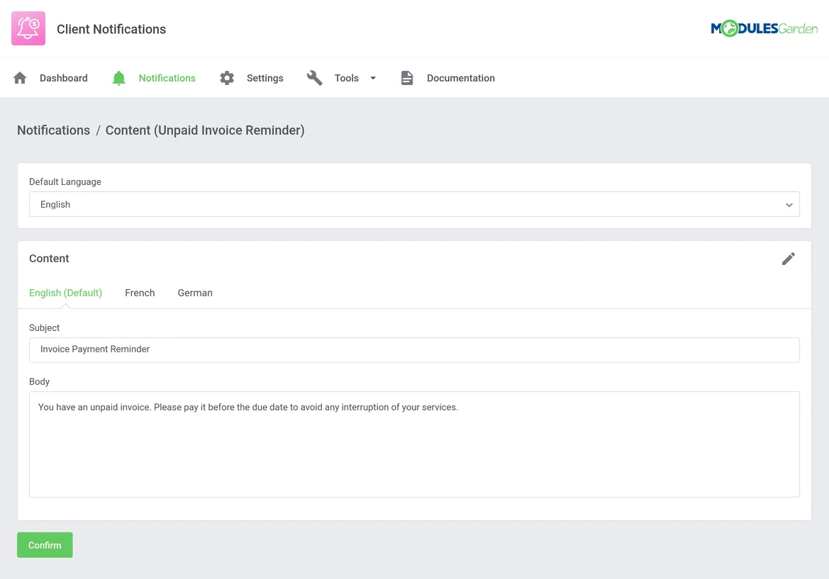 Client Notifications For WHMCS – Multilingual message editor with default language, subject, and body fields