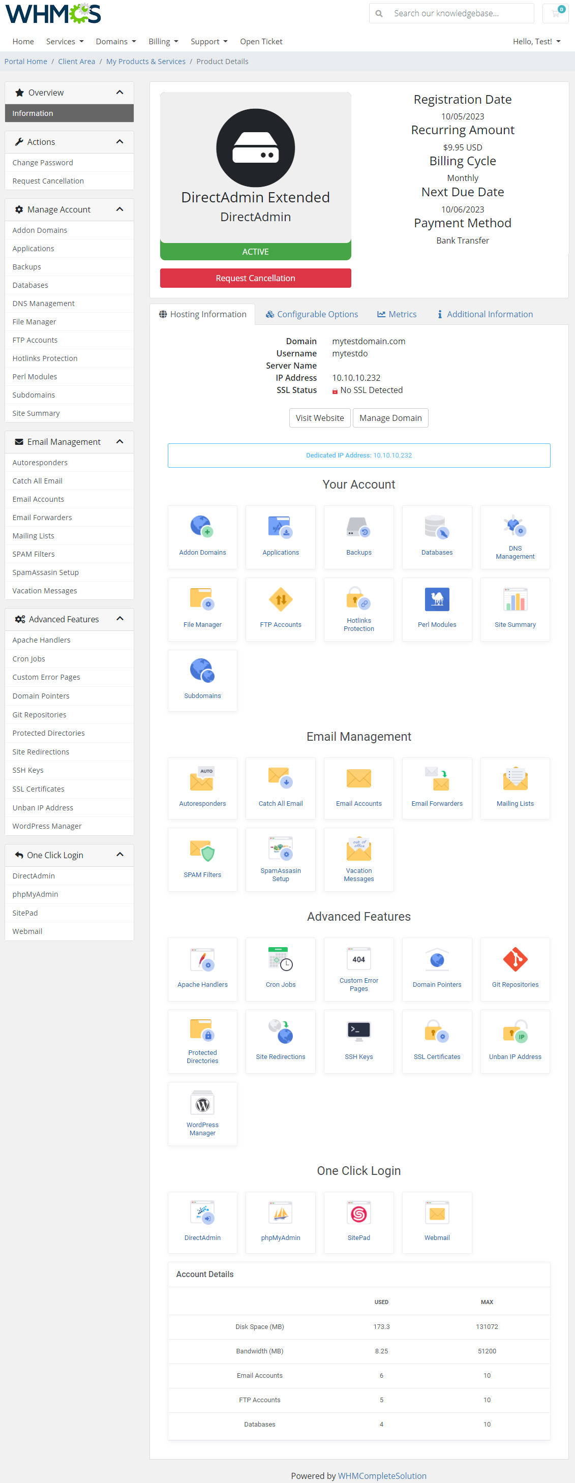 DirectAdmin Extended For WHMCS: Module Screenshot 1
