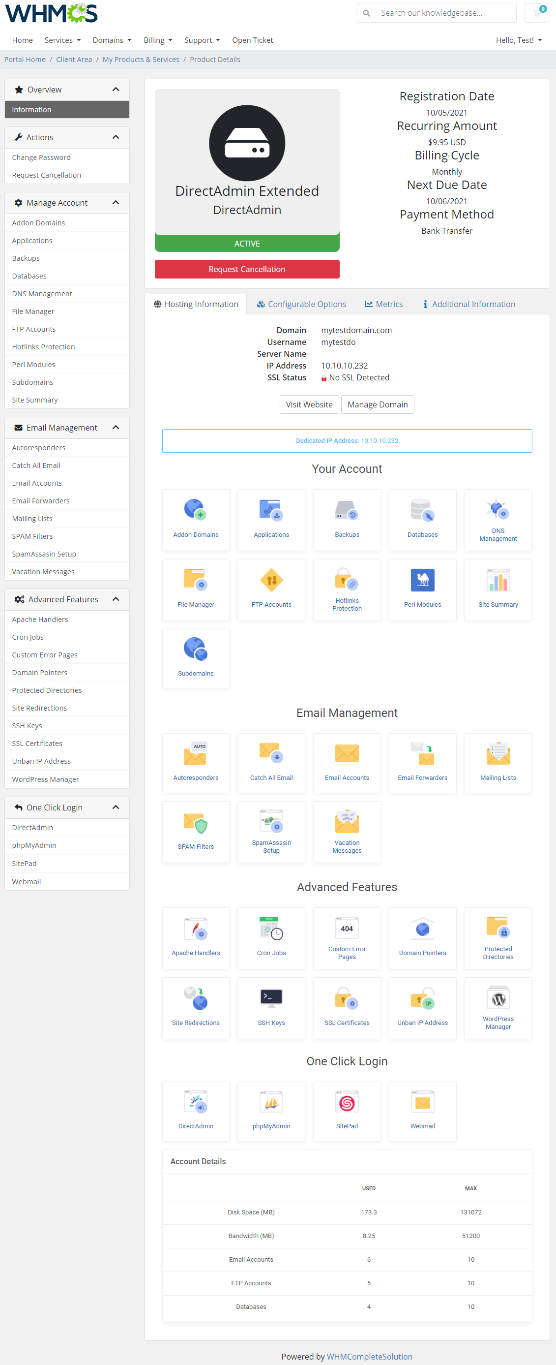 DirectAdmin Extended For WHMCS: Module Screenshot 1