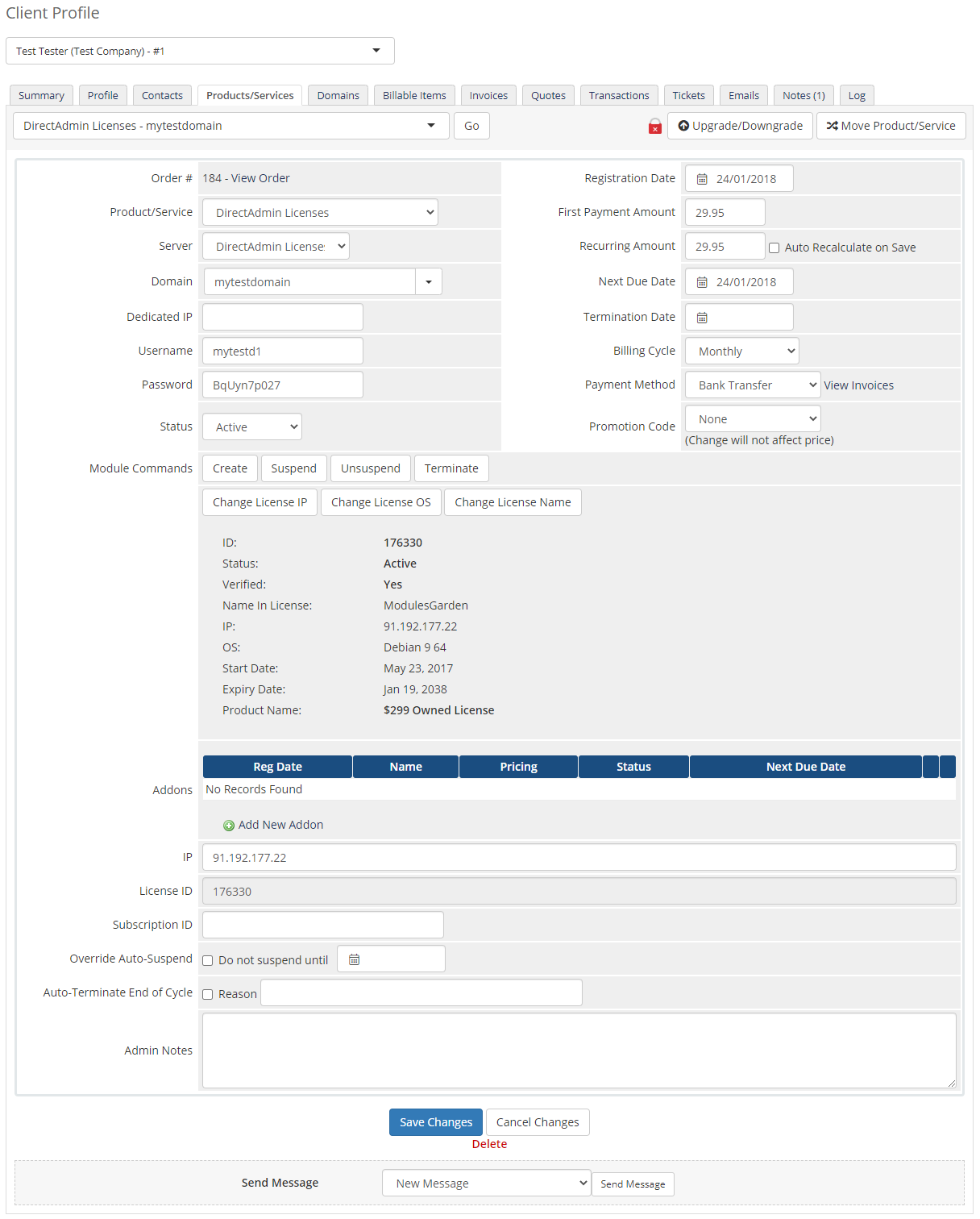 DirectAdmin Licenses For WHMCS: Module Screenshot 4