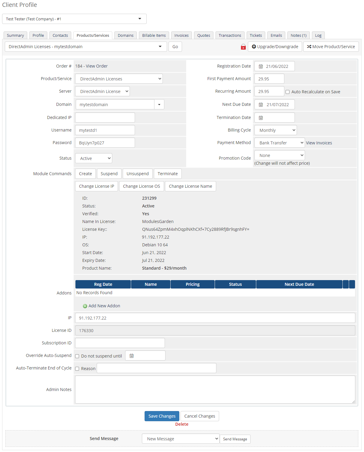 DirectAdmin Licenses For WHMCS: Module Screenshot 4