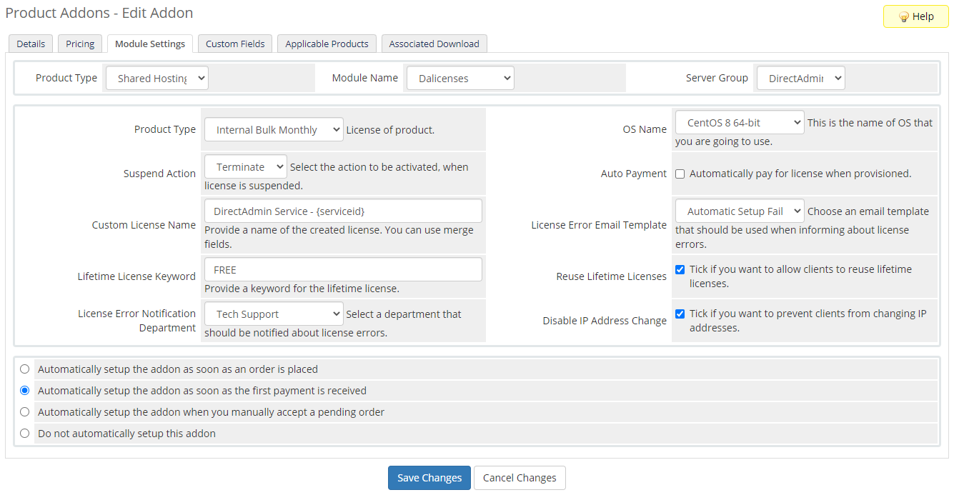 DirectAdmin Licenses For WHMCS: Module Screenshot 6