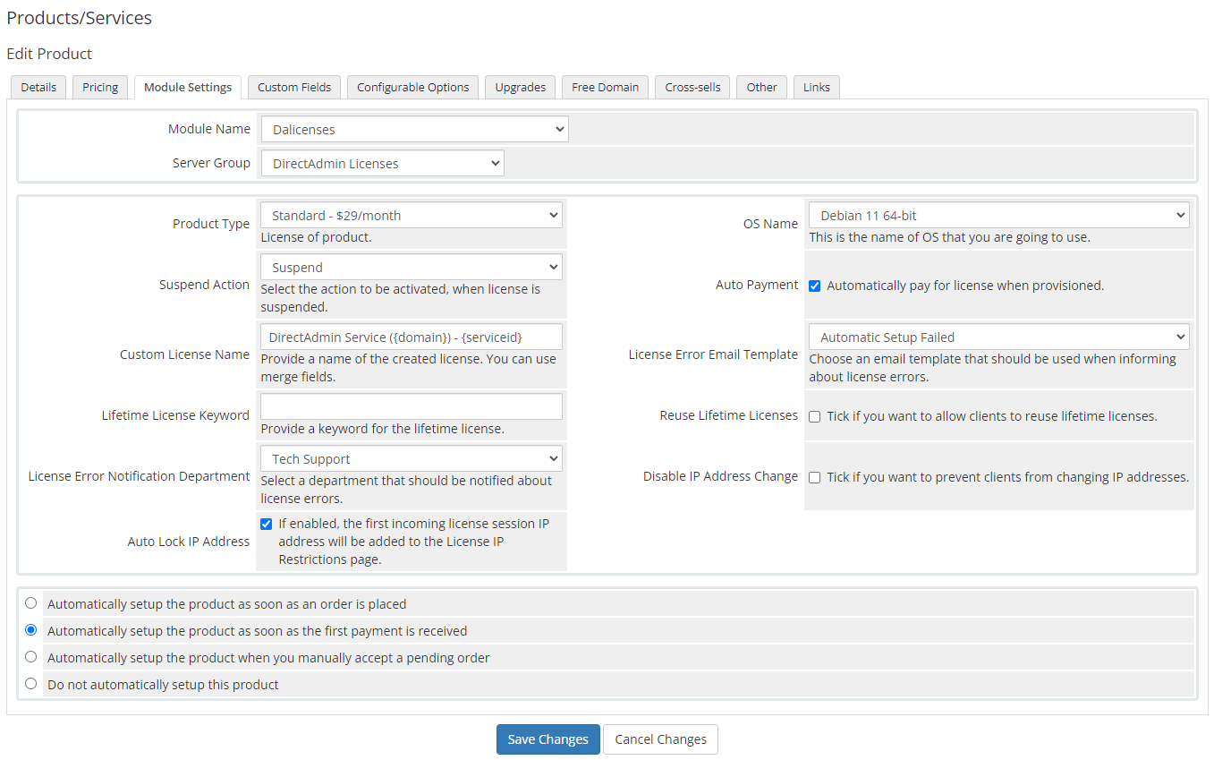 DirectAdmin Licenses For WHMCS: Module Screenshot 5