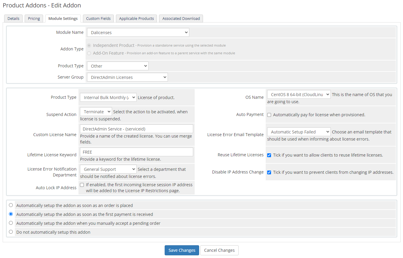 DirectAdmin Licenses For WHMCS: Module Screenshot 6