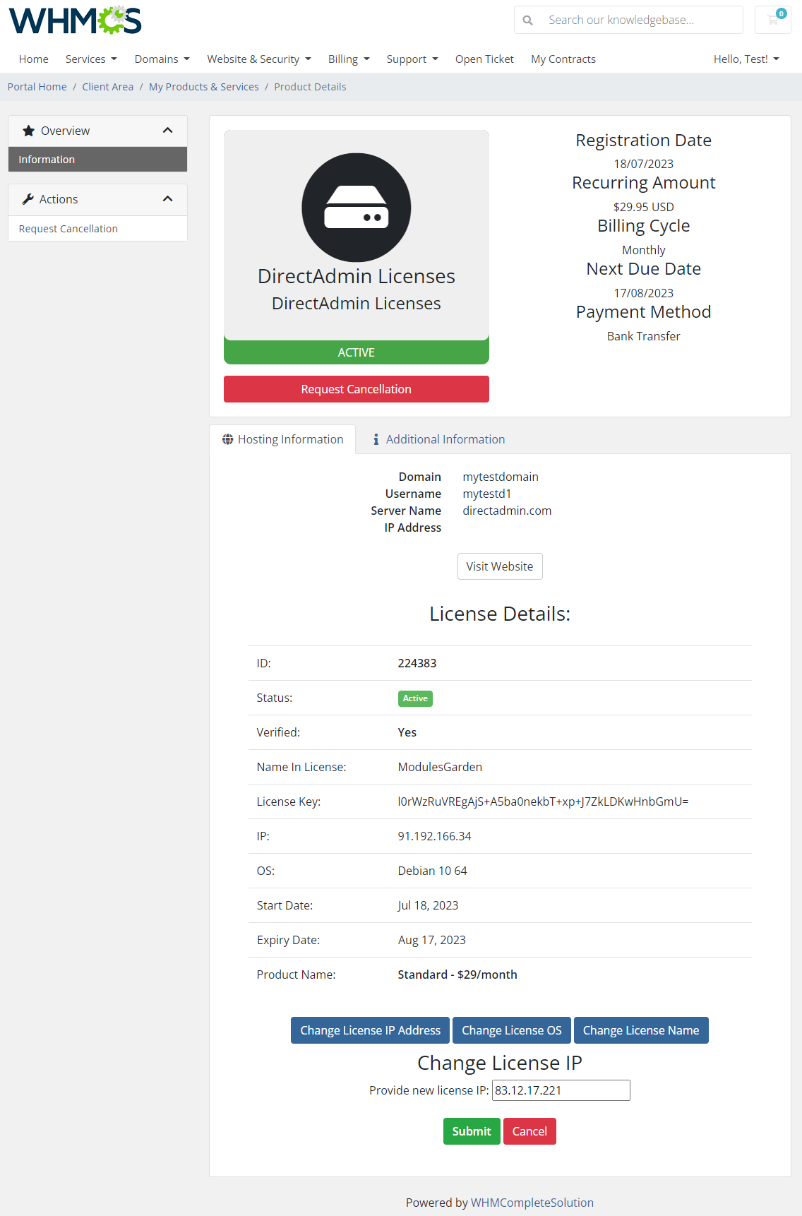 DirectAdmin Licenses For WHMCS: Module Screenshot 1
