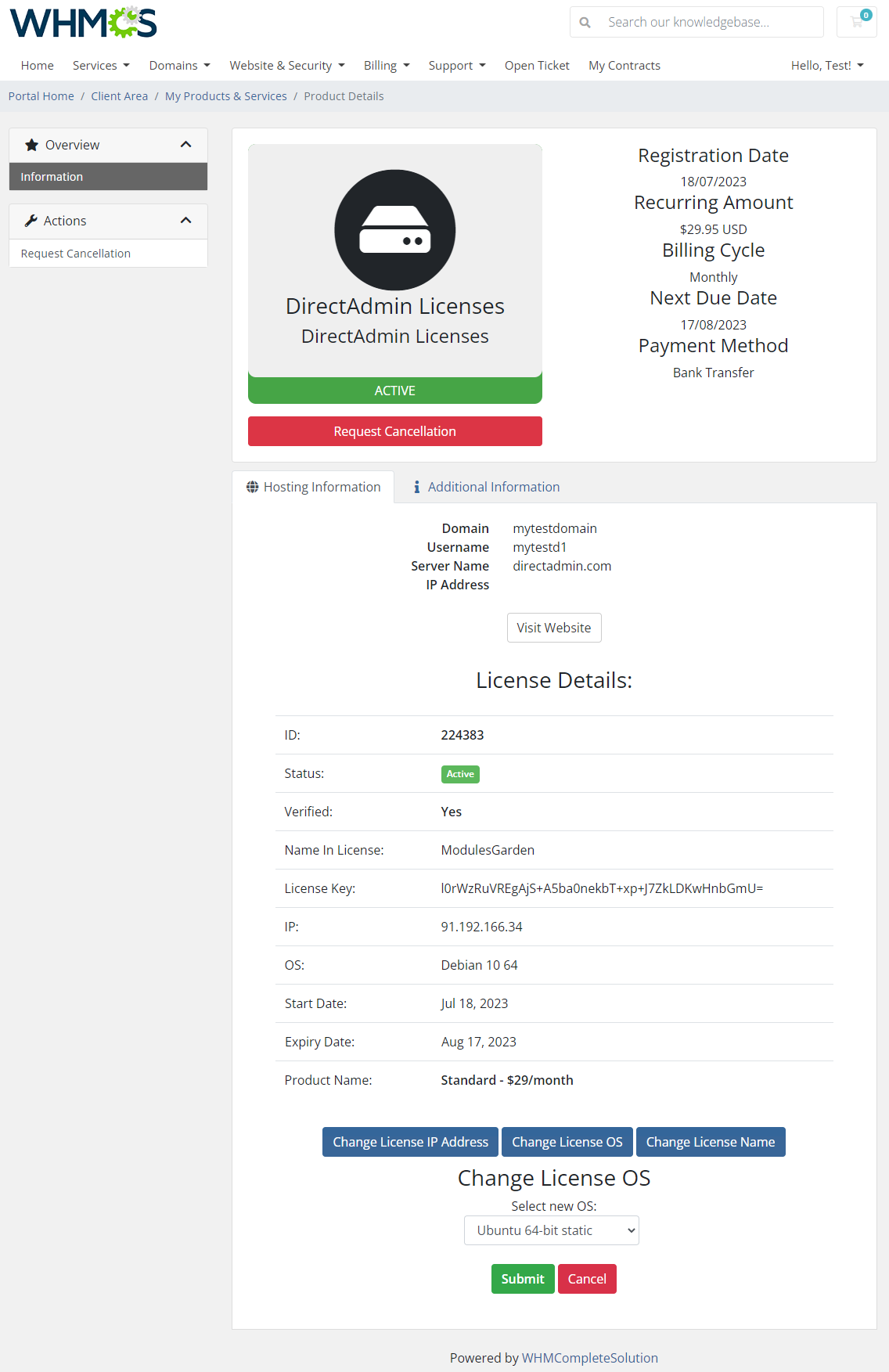 DirectAdmin Licenses For WHMCS: Module Screenshot 2