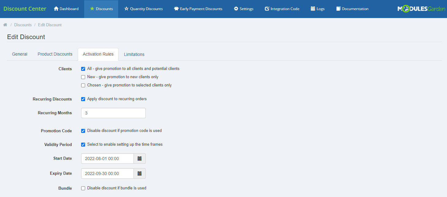 Discount Center For WHMCS: Module Screenshot 13
